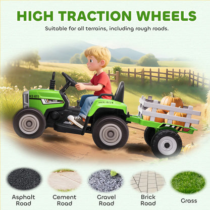 12V Kids Ride on Tractor with Trailer, Remote Control, Music, LED Lights, Green Electric Toy Cars at Gallery Canada