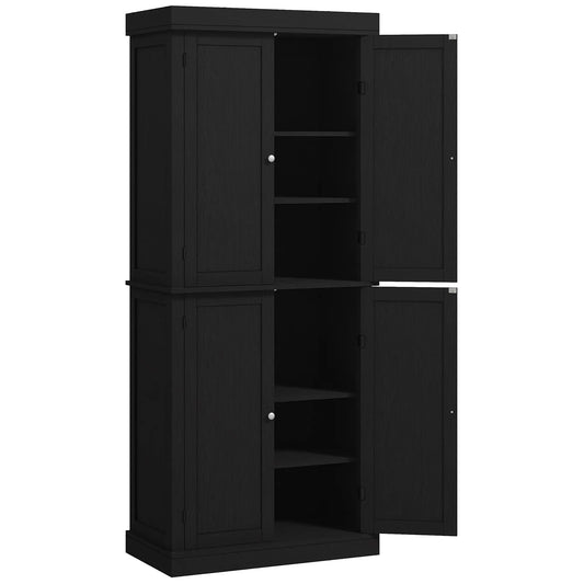 72.5" Freestanding Kitchen Pantry, 4 Doors, Black Kitchen Pantry Cabinets Black Wood Grain at Gallery Canada
