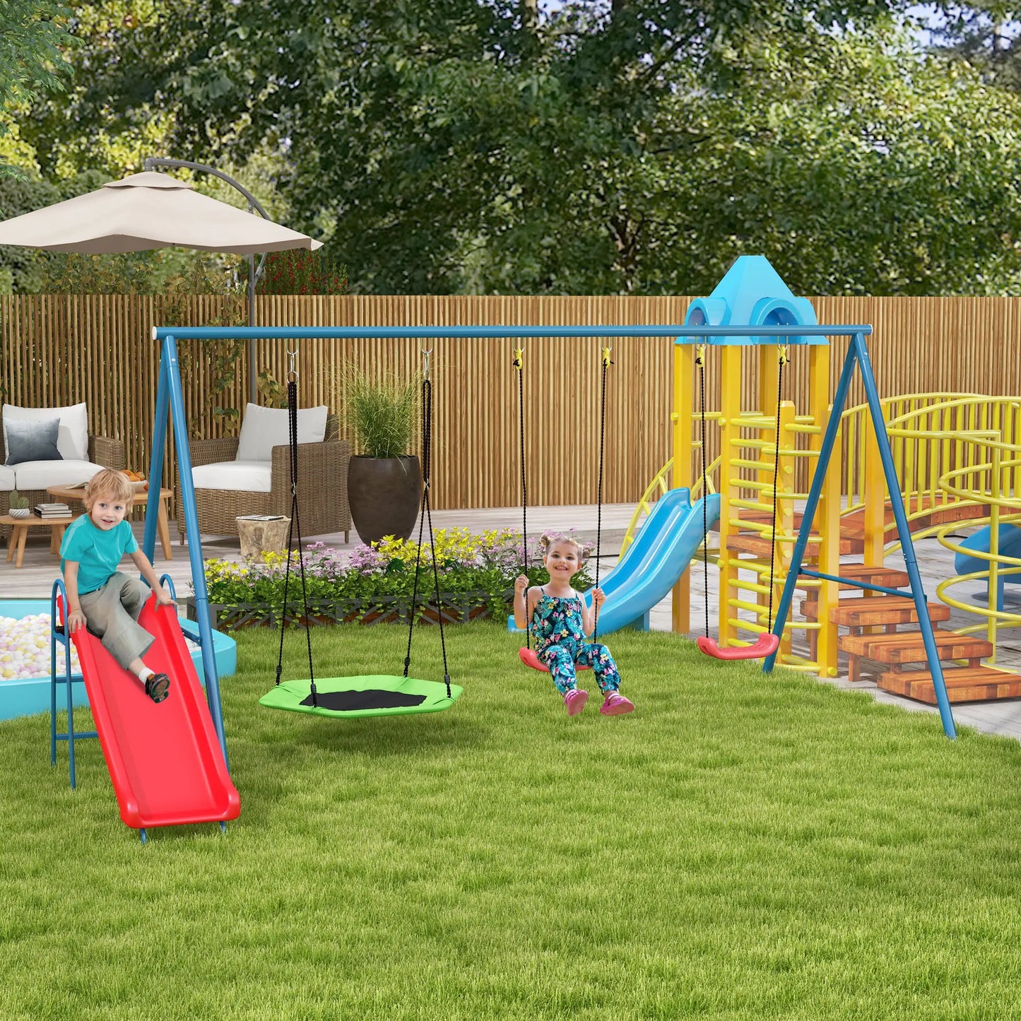 Metal Swing Set, 3 In 1 Design, Nest Swing, 2 Seats, Slide, 352 Lbs, Ages 3-8 Gym Sets & Swings at Gallery Canada