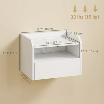 Wall Mounted Bedside Table Set of 2, Charging Station, Drawer, Shelf, White Bedside Tables at Gallery Canada