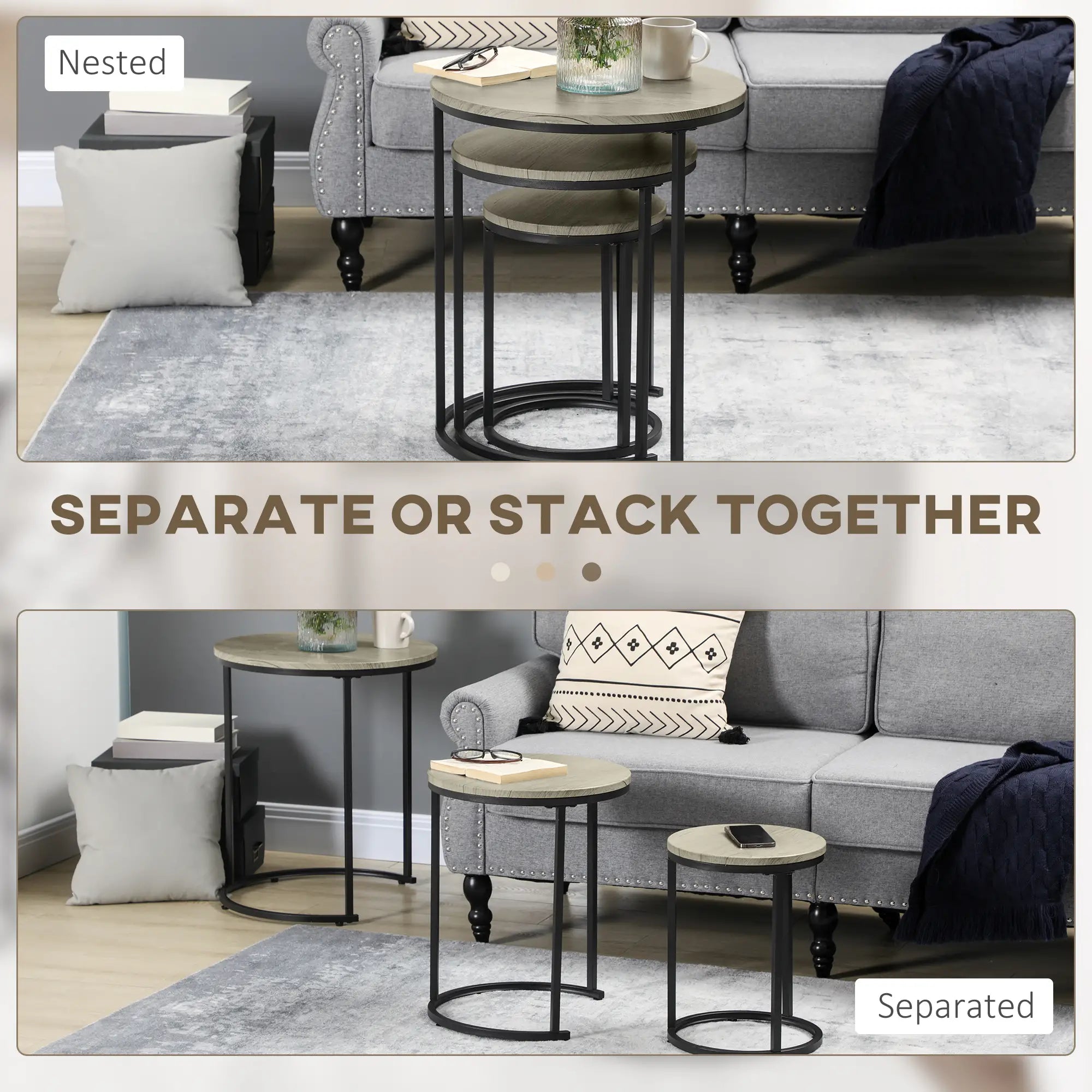 Round Nesting Tables Set of 3, Steel Frame, Living Room Side Tables at Gallery Canada