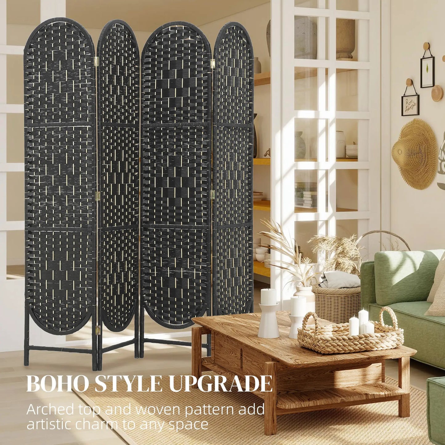 Bohemian Privacy Screen, 4 Panel Folding Room Divider, Arched Top, Black Room Dividers at Gallery Canada