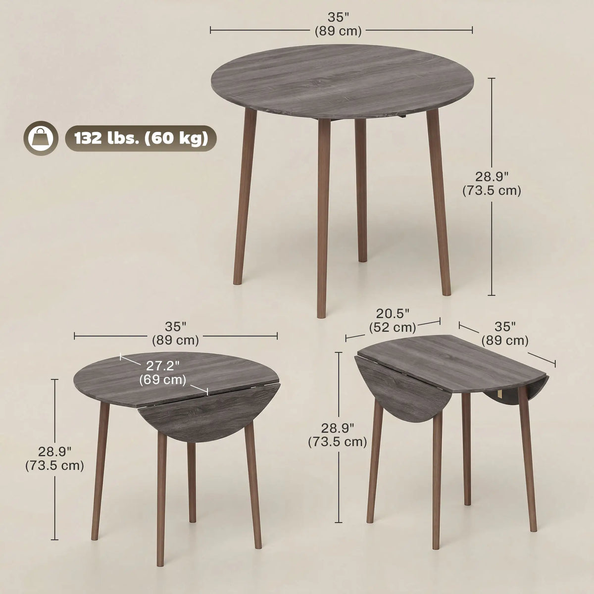 35" Folding Dining Table, Round Drop Leaf, Distressed Light Grey, Light Grey Dining Tables at Gallery Canada