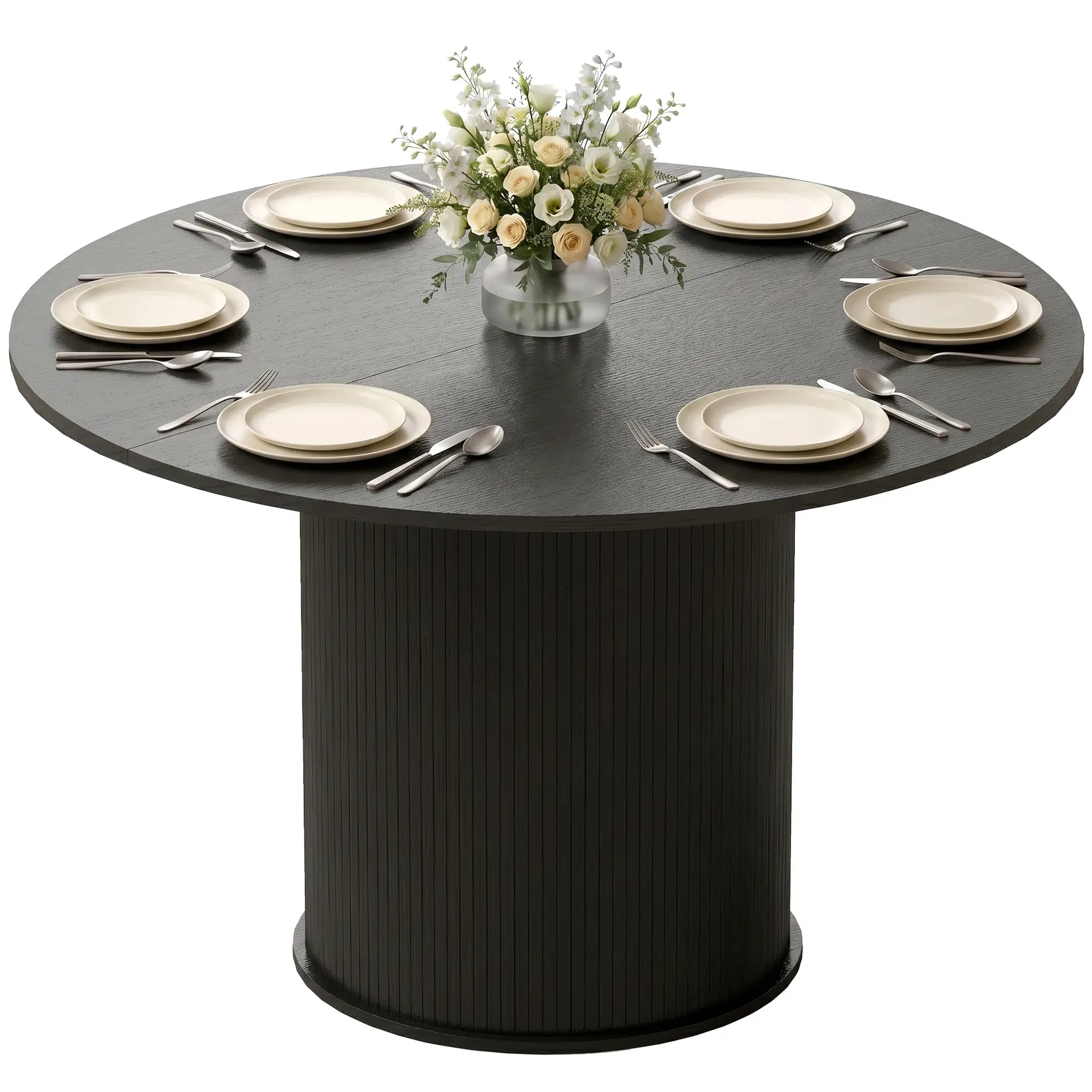 47 Inch Round Dining Table For 5, Fluted Pedestal Base, Black Dining Tables at Gallery Canada