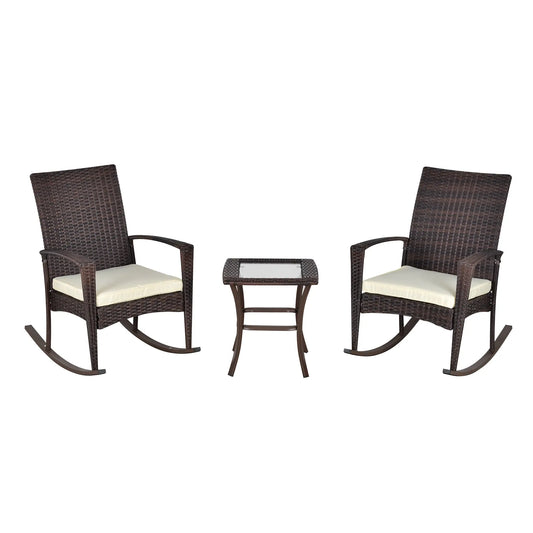 3-Piece PE Rattan Rocking Chair Set, Outdoor Bistro, Cream White Outdoor Rocking Chairs Brown Wicker, Cream White Cushion at Gallery Canada