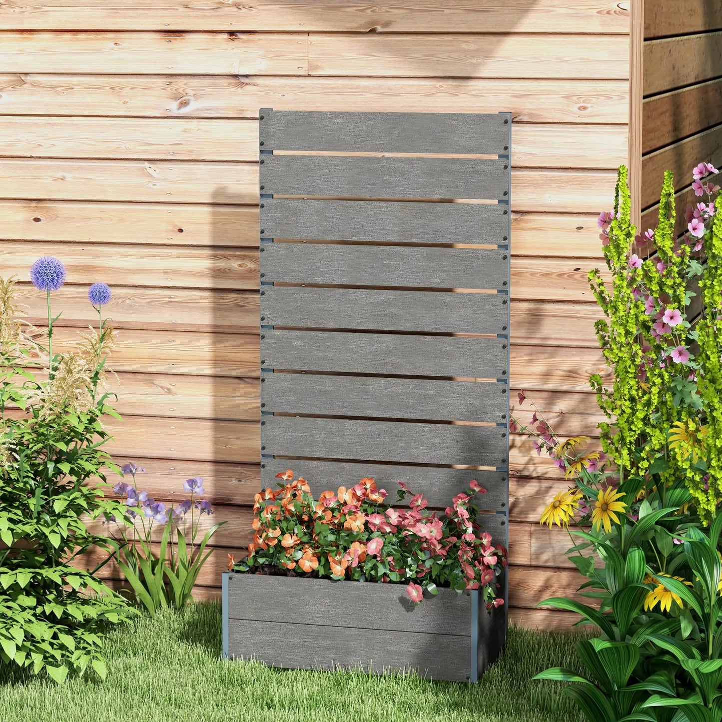 Raised Garden Bed With Trellis, Elevated Planter Box, 28" x 15" x 59", Dark Grey Wooden Planter Boxes at Gallery Canada