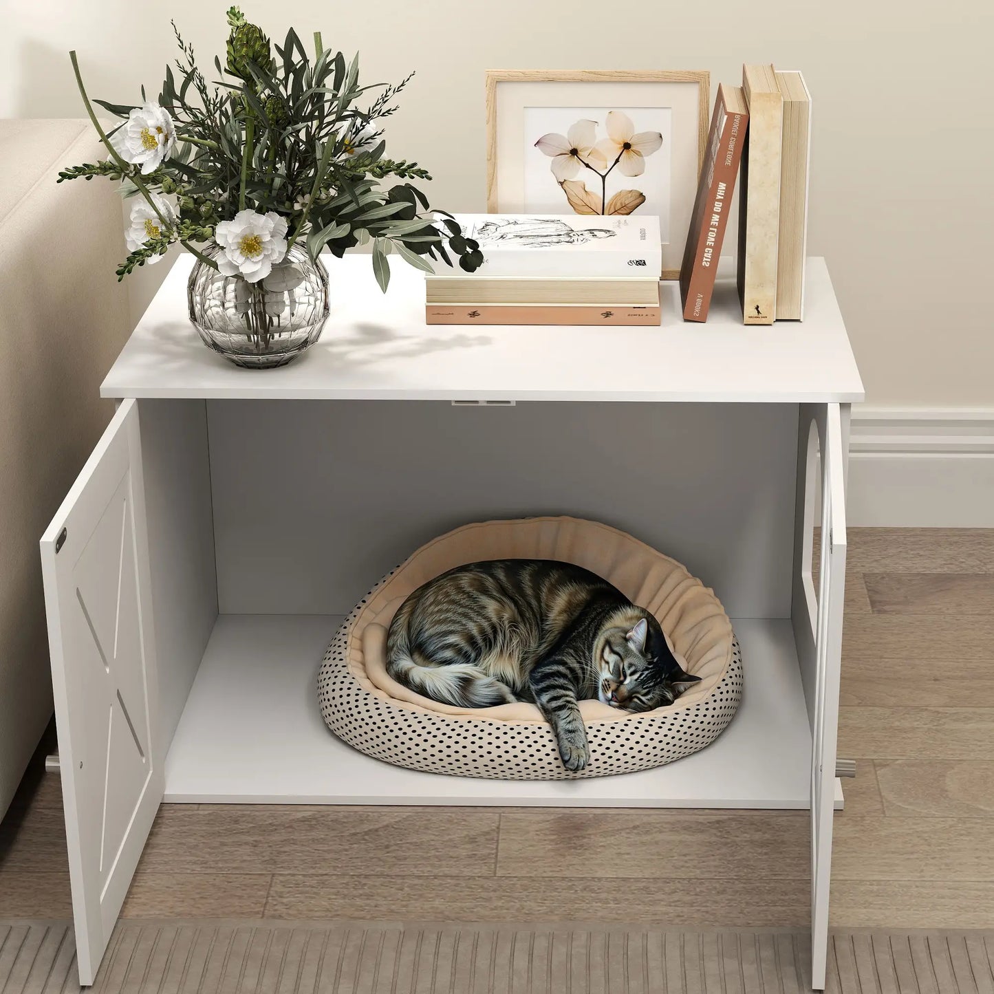 Hidden Cat Litter Box Enclosure, Double Doors, Hole, 31.5" x 19" x 20", White Cat Litter Box Enclosures at Gallery Canada