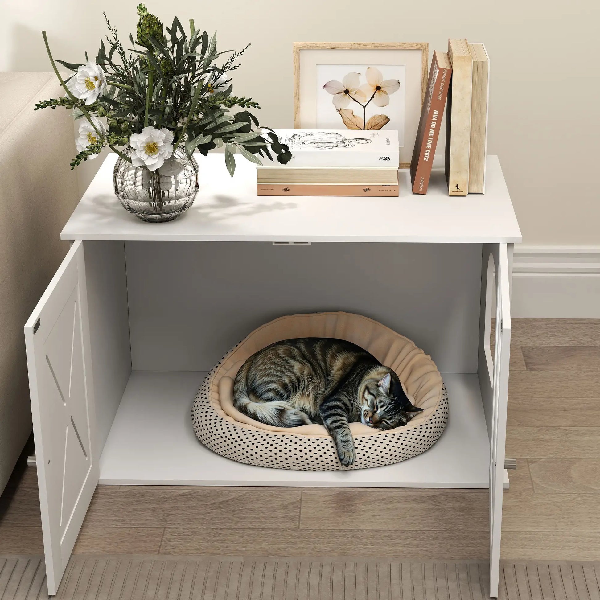 Hidden Cat Litter Box Enclosure, Double Doors, Hole, 31.5" x 19" x 20", White Cat Litter Box Enclosures at Gallery Canada
