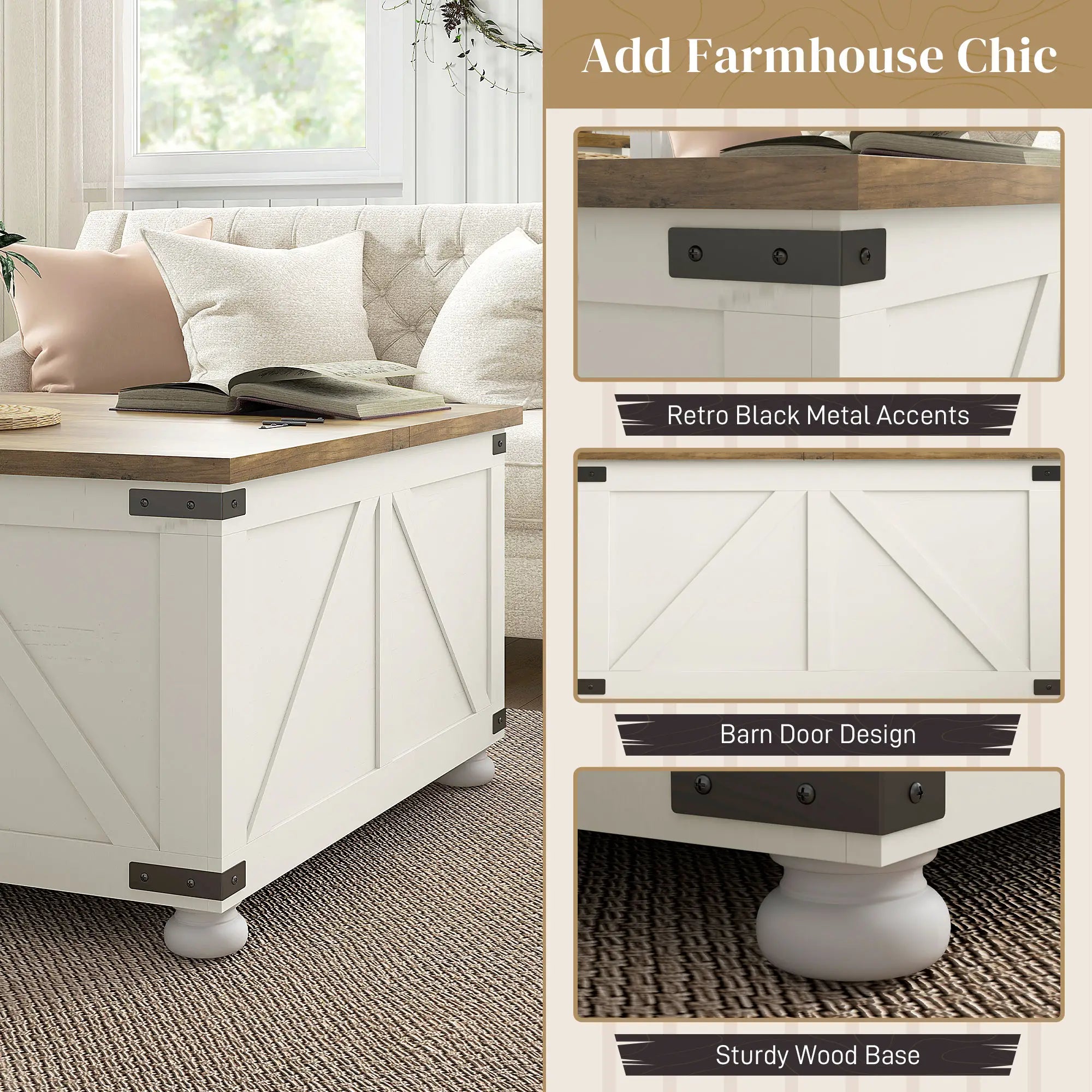 Farmhouse Coffee Table, Square Flip-Top, Hidden Storage, Antique White Coffee Tables at Gallery Canada