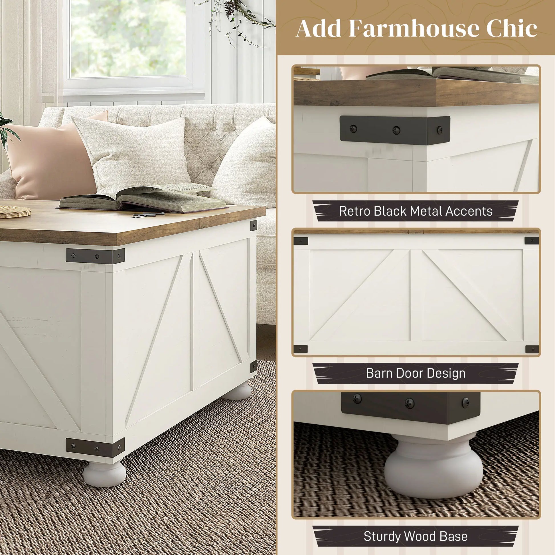 Farmhouse Coffee Table, Square Flip-Top, Hidden Storage, Antique White Coffee Tables at Gallery Canada
