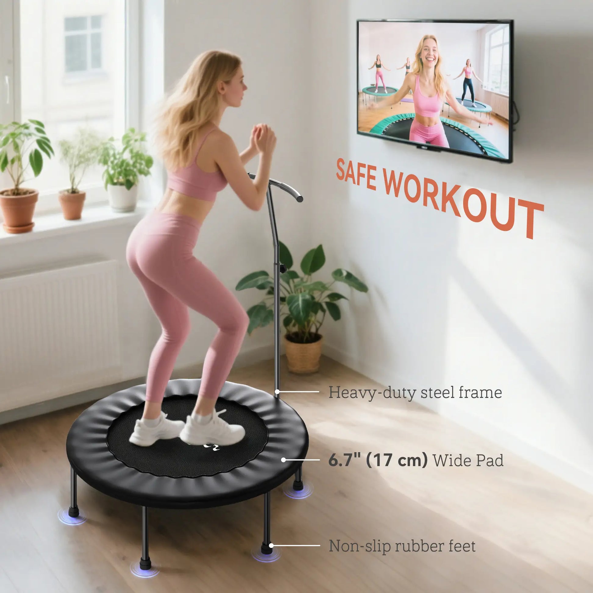 39" Mini Exercise Trampoline, Adjustable T-Bar, Indoor Fitness Rebounder, Black Trampolines at Gallery Canada