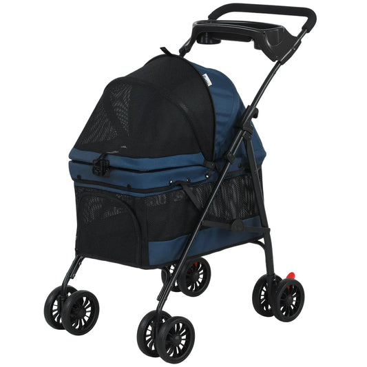 Foldable Pet Stroller for Small Dogs and Cats with 4 Wheels, Mesh Windows, Brake, Removable Pad, Storage Tray, Dark Blue Dog Bike Trailers & Strollers Dark Blue, Black at Gallery Canada