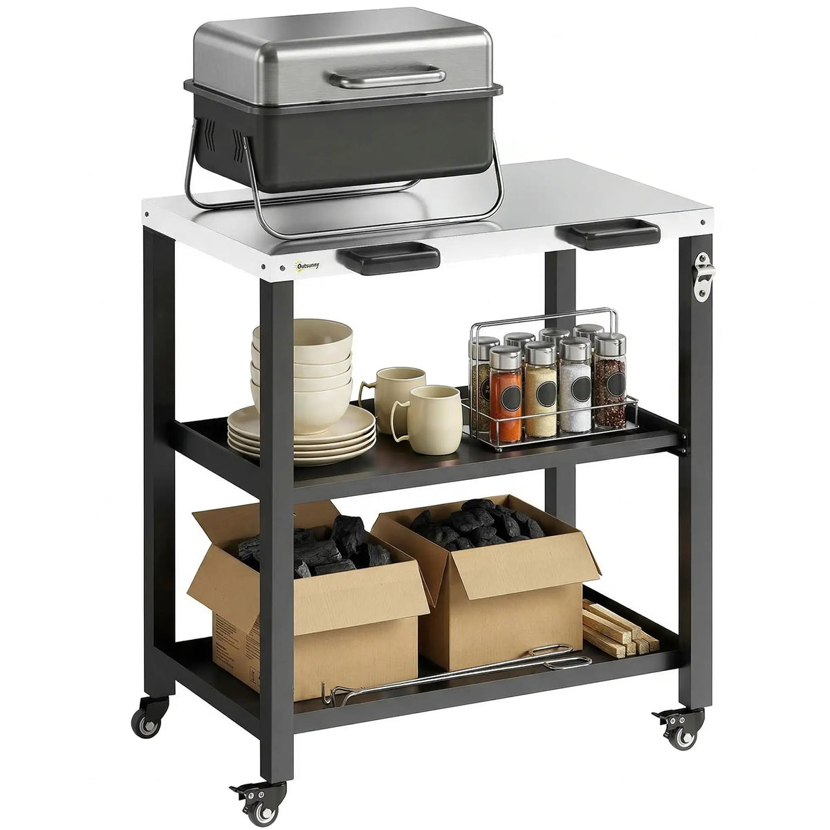 Outdoor Grill Cart, Stainless Steel Tabletop, 2 Shelves, Lockable Wheels