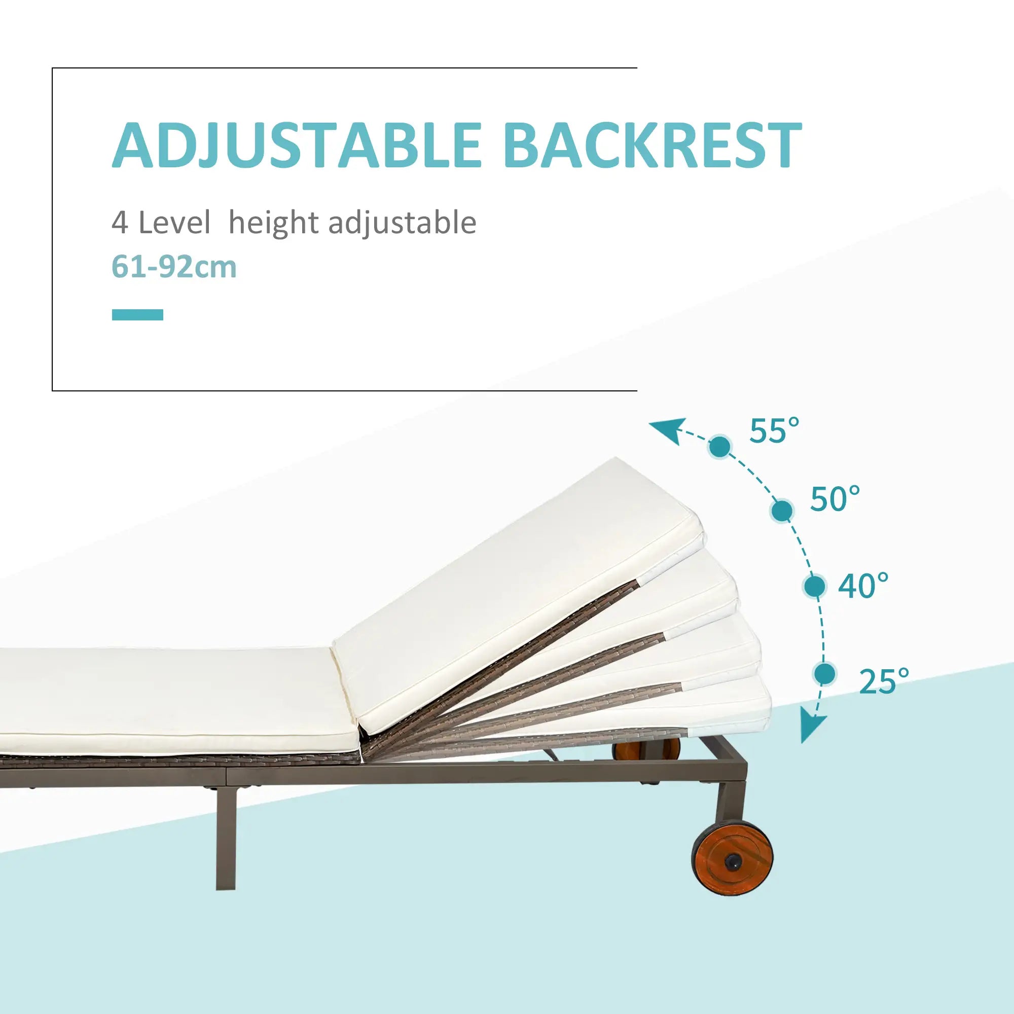 Rattan Sun Lounger, 4-Level Adjustable Backrest, Wheels, Cushion, Cream White Chaise Loungers at Gallery Canada