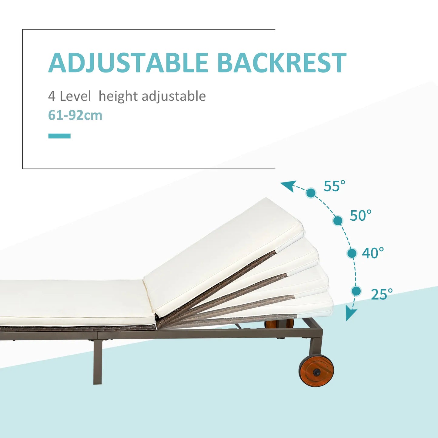 Rattan Sun Lounger, 4-Level Adjustable Backrest, Wheels, Cushion, Cream White Chaise Loungers at Gallery Canada