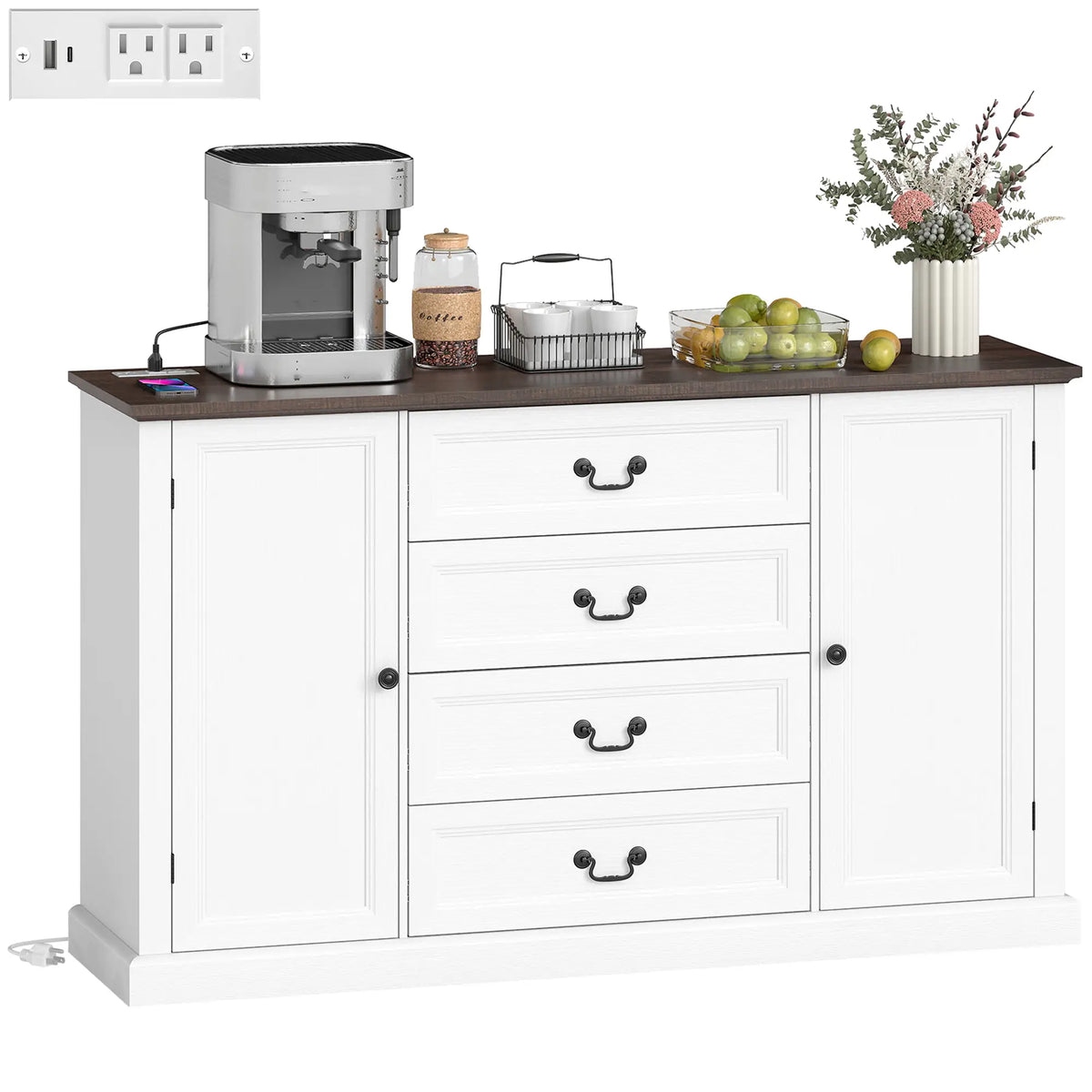 Farmhouse Sideboard with Charging Station, 58" Buffet Cabinet, White Storage Cabinets at Gallery Canada
