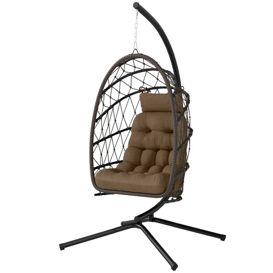 Hanging Egg Chair With Stand, Foldable Wicker Rattan Swing Chair, Brown Patio Swings with Stand Brown at Gallery Canada