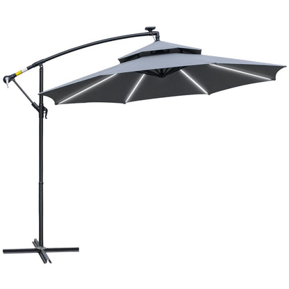 10FT Solar Powered Cantilever Patio Umbrella, Crank, Cross Base, Grey Cantilever Umbrellas at Gallery Canada