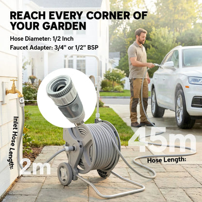 Garden Hose Reel Cart With Wheels, 1/2" x 148ft, Grey Garden Accessories at Gallery Canada