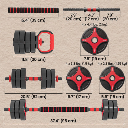 Set d'haltères réglables 5-en-1 de 44 lbs, Noir Rouge