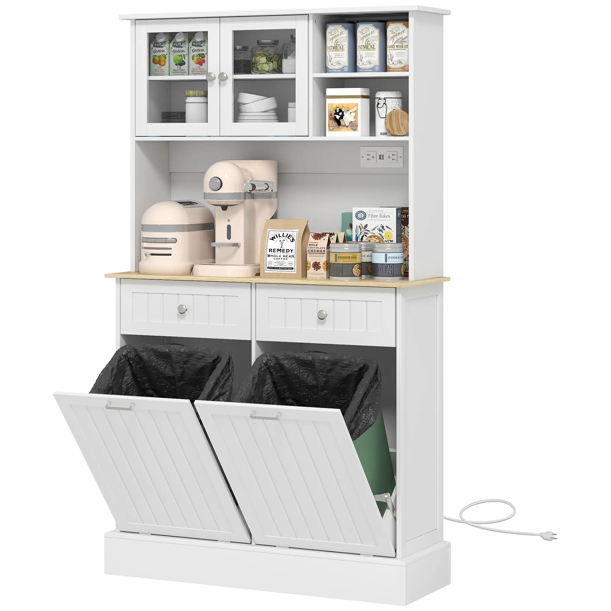 Kitchen Cabinet With Charging Station, 2 Tilt Out Cabinets, Microwave Stand, White Kitchen Pantry Cabinets White, Nature Wood at Gallery Canada