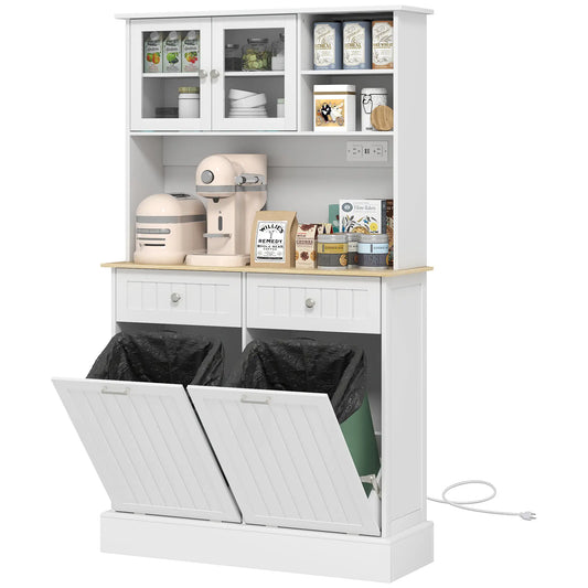 Kitchen Cabinet With Charging Station, 2 Tilt Out Cabinets, Microwave Stand, White Kitchen Pantry Cabinets White, Nature Wood at Gallery Canada