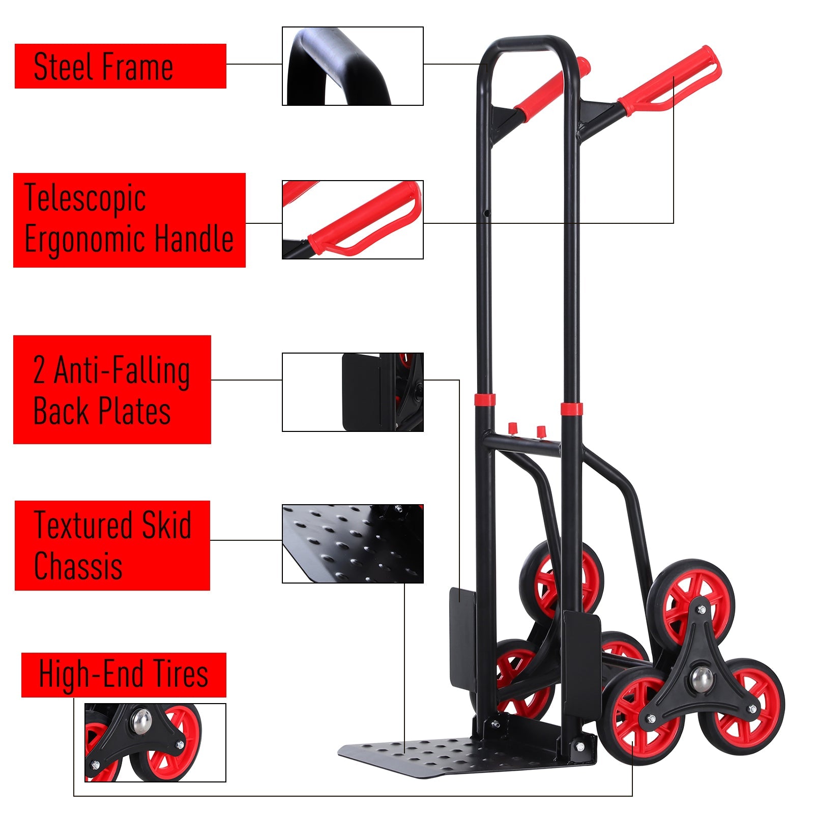 6-Wheels Stair Climber Trolley Cart Hand Truck and Dolly Foldable Steel Load Cart, 264lbs Capacity - Gallery Canada