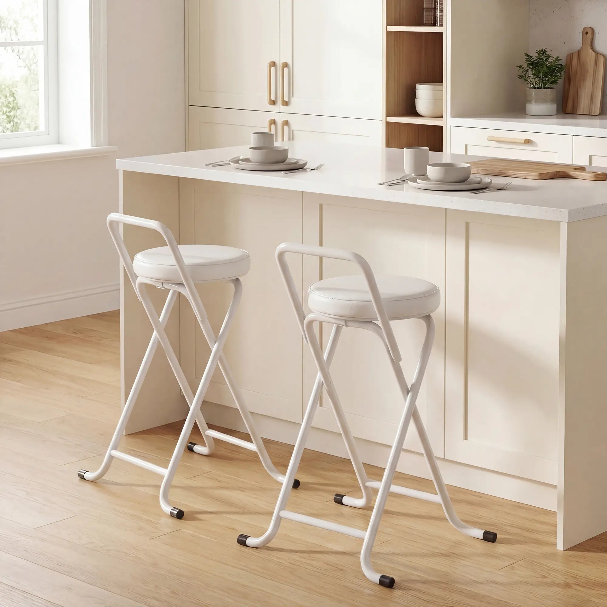 Foldable Bar Stools Set Of 2, PU Cushioned Seat With Footrest, White Bar Stools at Gallery Canada