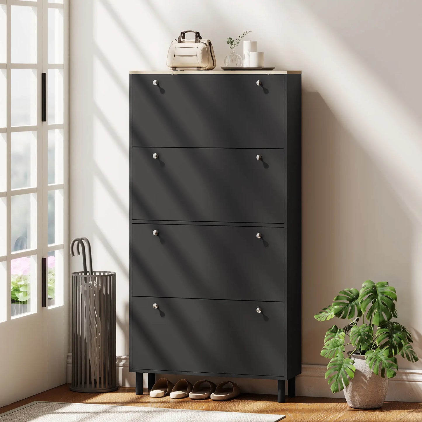 Narrow Shoe Cabinet with 4 Flip Drawers, Adjustable Shelves, Holds 24-32 Pairs, Black Shoe Storage Cabinets & Racks at Gallery Canada
