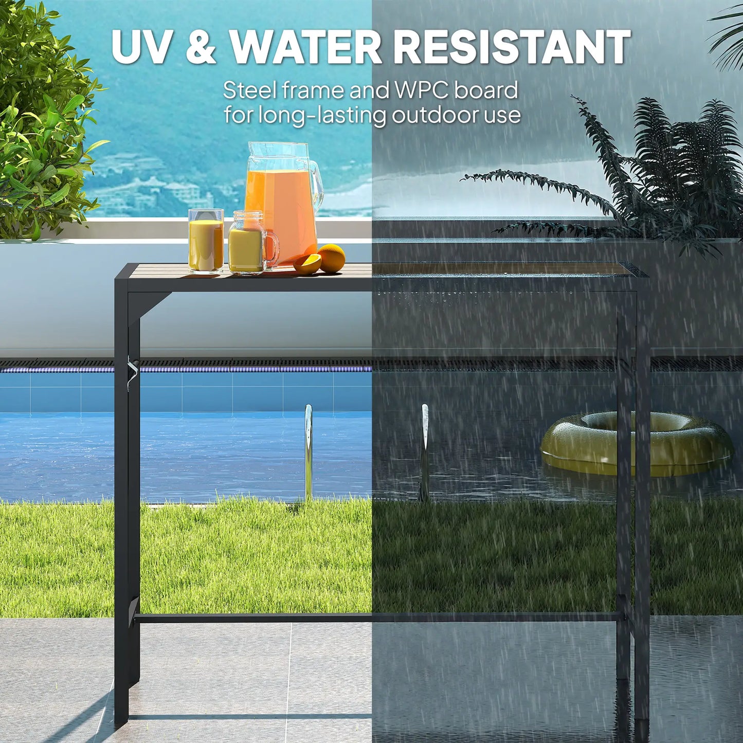 Bar Height Outdoor Table with Built-In Bottle Opener, Patio Bar Table with Wood Grain Plastic Top, 47.2" x 15" x 39 Patio Dinning Tables at Gallery Canada