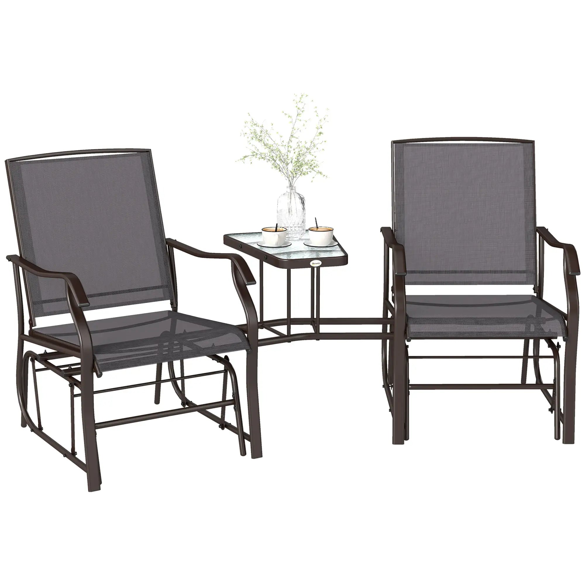 Double Glider Chair with Glass Top Table, Outdoor High Back, Grey Outdoor Gliders Brown, Grey at Gallery Canada