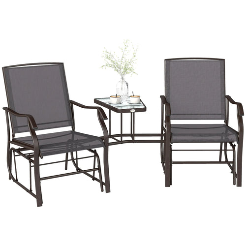 Double Glider Chair with Glass Top Table, Outdoor High Back, Grey
