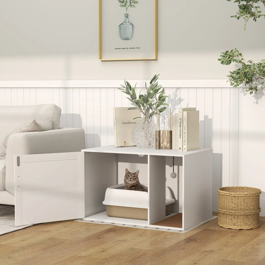 Cat Litter Box Enclosure, End Side Table with Rattan Door, Scratching Pad, White Cat Litter Box Enclosures White at Gallery Canada