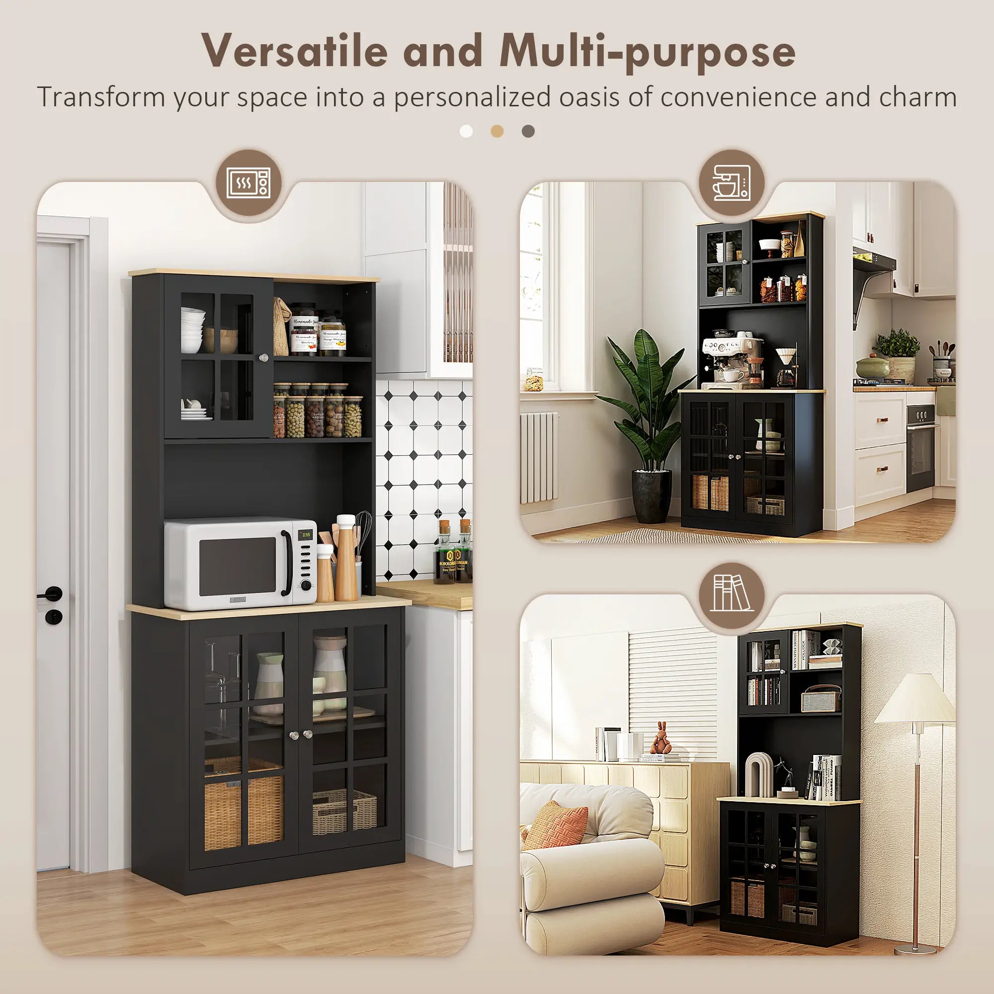Kitchen Buffet with Hutch, 3 Cabinets, 2 Shelves, Black Kitchen Pantry Cabinets at Gallery Canada
