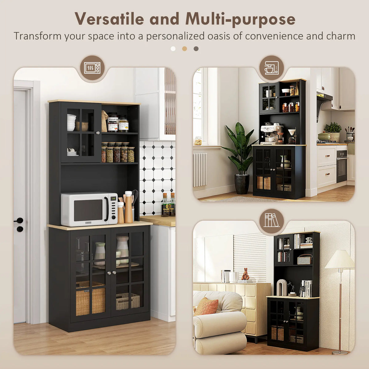 Kitchen Buffet with Hutch, 3 Cabinets, 2 Shelves, Black Kitchen Pantry Cabinets at Gallery Canada