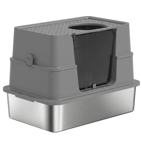 XL Stainless Litter Box With 100° Flip Top, Scoop, Dual Entry, Stainless
