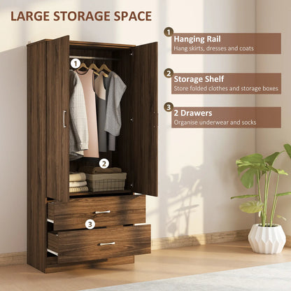 Wardrobe Closet, Hanging Rod, 2 Doors, 2 Drawers, Walnut Clothing Storage at Gallery Canada