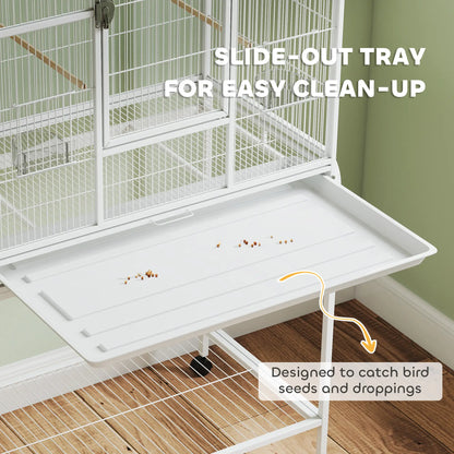 64" Large Rolling Bird Cage With Stand, Shelf, Perch, Food Container, White Bird Cages at Gallery Canada