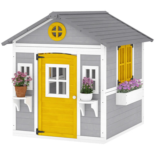 Wooden Playhouse For Kids, With Door, Windows, Planter Pots, Grey Play Houses Grey, Yellow, White at Gallery Canada