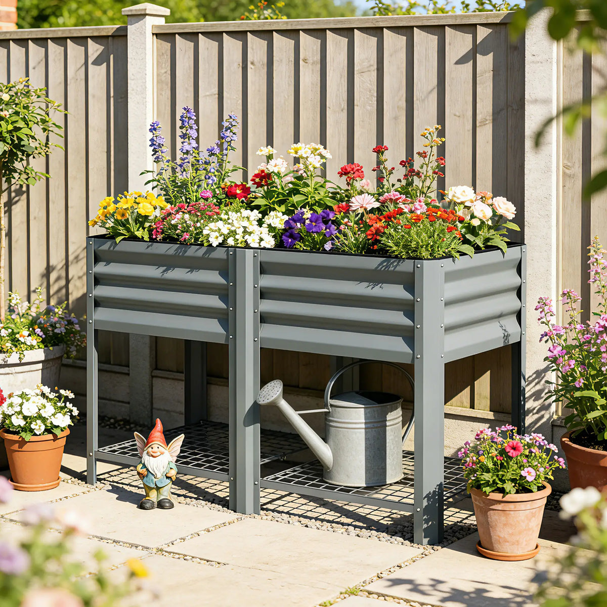 Lit de jardin surélevé avec étagère de rangement à pieds 31,5" Gris argenté, Gris argenté