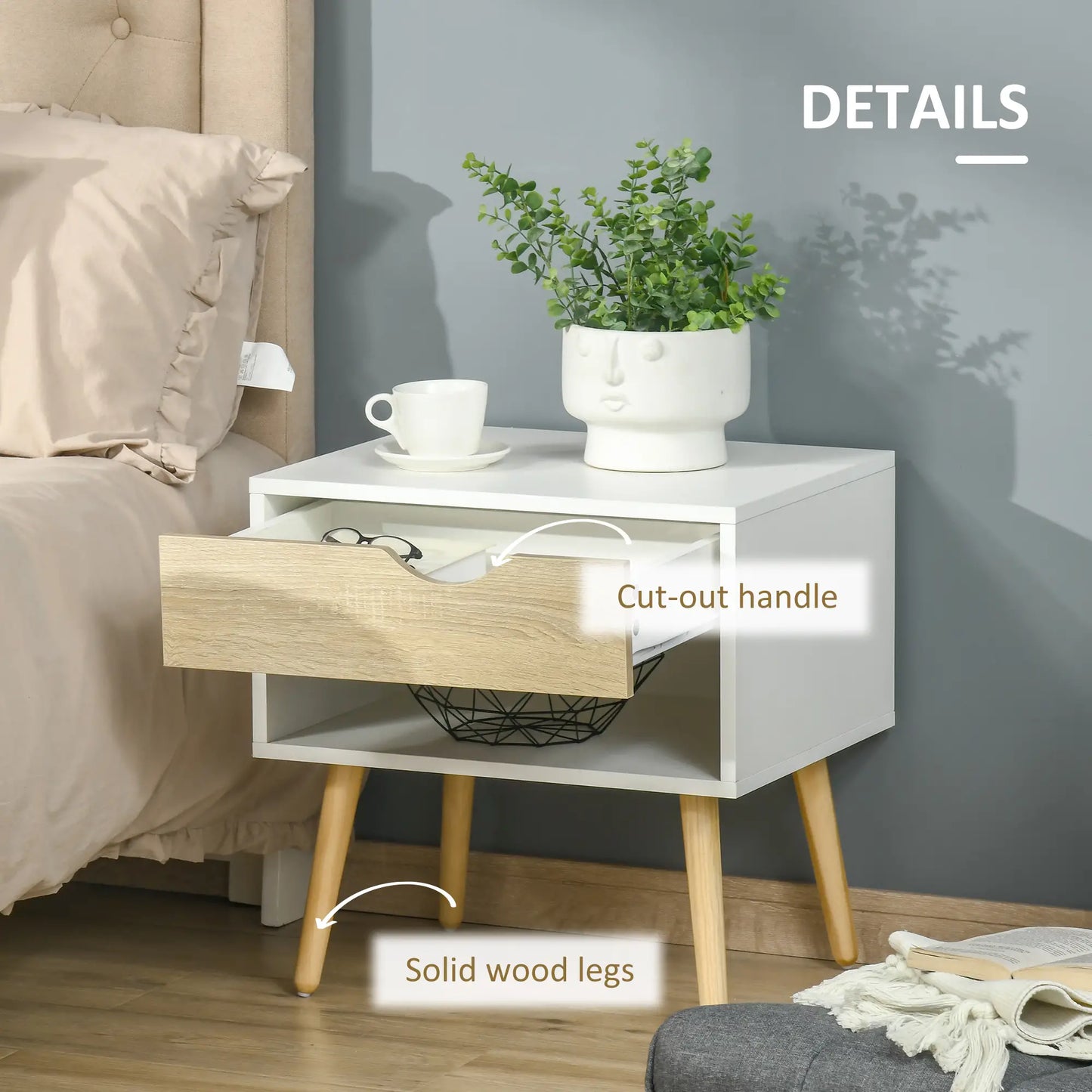 Set of 2 Bedside Tables, Modern Nightstand with Drawer, Shelf, White Bedside Tables at Gallery Canada