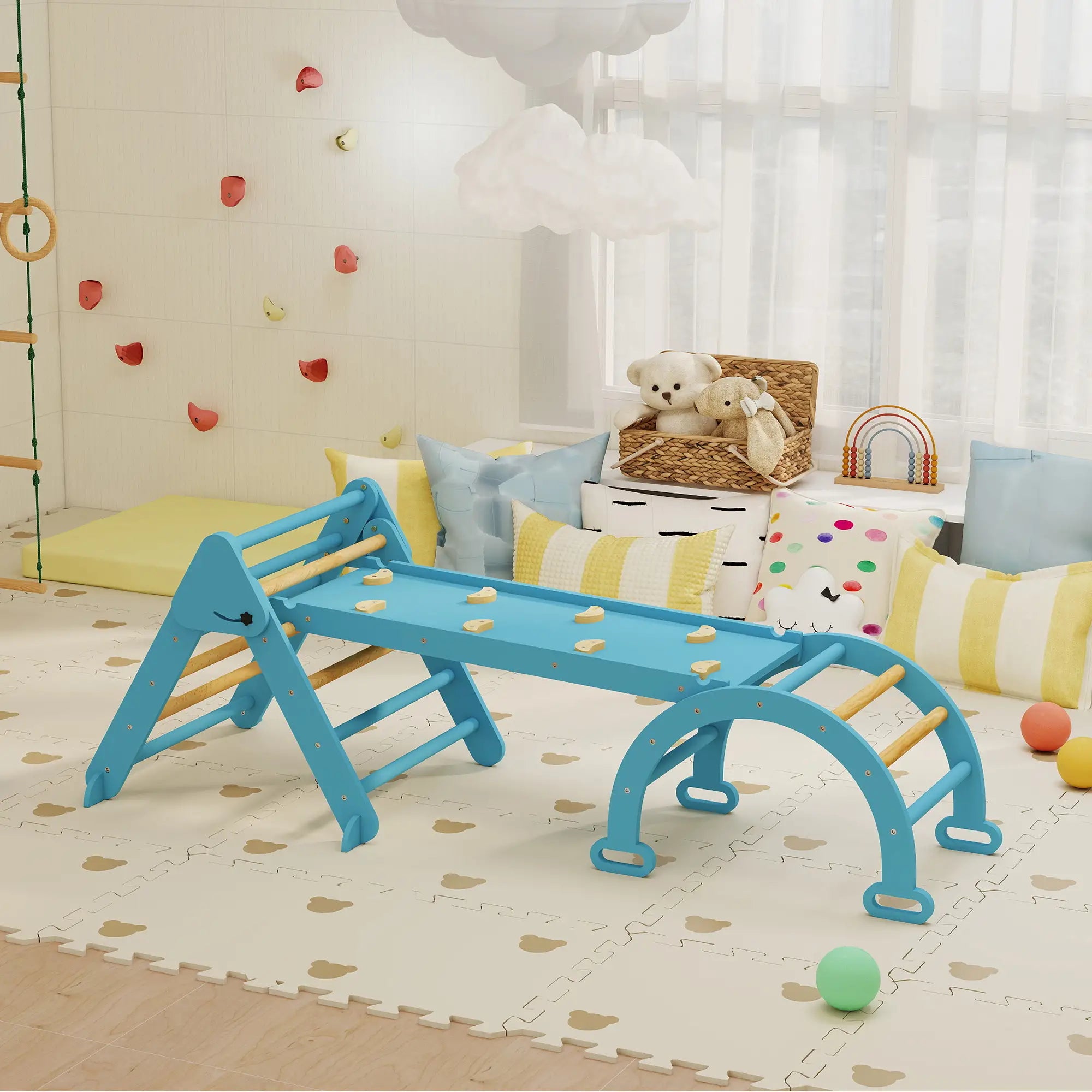 7-in-1 Pikler Triangle Set, Foldable Wooden Climbing Toys, Blue Kids Gym & Playmats at Gallery Canada