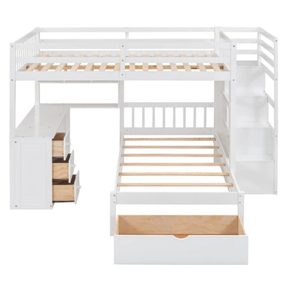 Over Twin Bunk Bed with Desk, Drawers, Shelves, 98" L x 80" W x 64.5" H, White Bed Frames at Gallery Canada