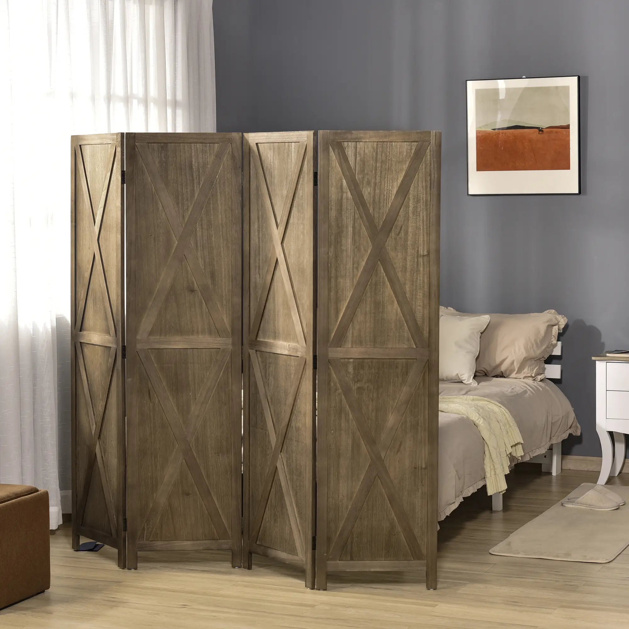 4-Panel Farmhouse Room Divider, Foldable Wooden Frame 5.6FT, Brown Room Dividers at Gallery Canada
