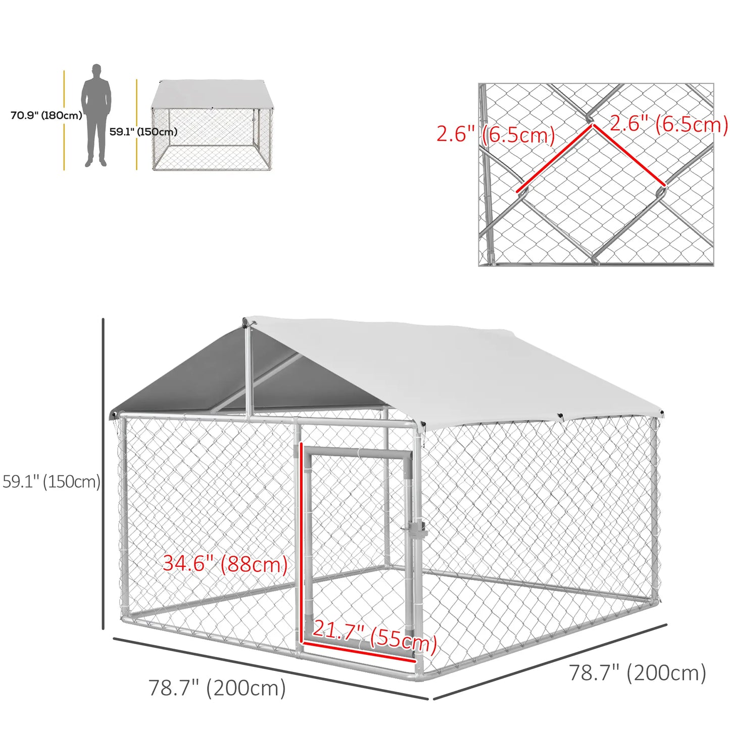 6.6' x 6.6' x 4.9' Outdoor Dog Kennel, Heavy Duty Galvanized Steel, UV-Resistant Roof, Silver Houses, Kennels & Pens at Gallery Canada