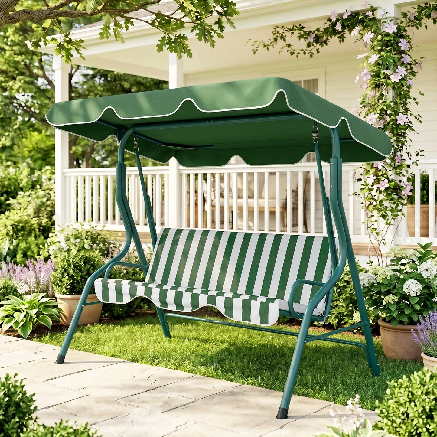 Outdoor Porch Swing, Adjustable Canopy, 3-Seater, Green Patio Swings with Stand at Gallery Canada