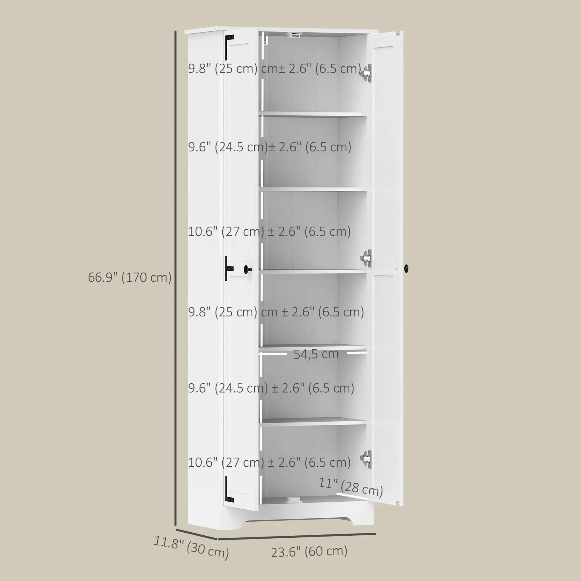 67" Farmhouse Pantry Cabinet, 2 Doors, Adjustable Shelves, Distressed, White Storage Cabinets at Gallery Canada
