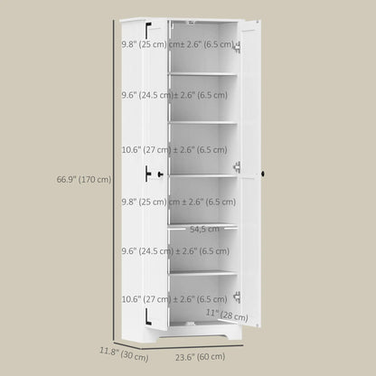 67" Farmhouse Pantry Cabinet, 2 Doors, Adjustable Shelves, Distressed, White Storage Cabinets at Gallery Canada