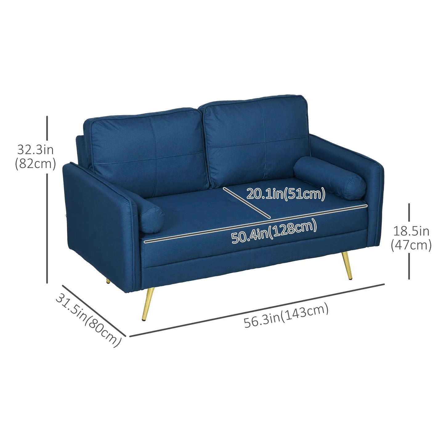 56 Upholstered Loveseat Sofa, 2 Seater with Back Cushions, Blue 2-Seater Sofas at Gallery Canada
