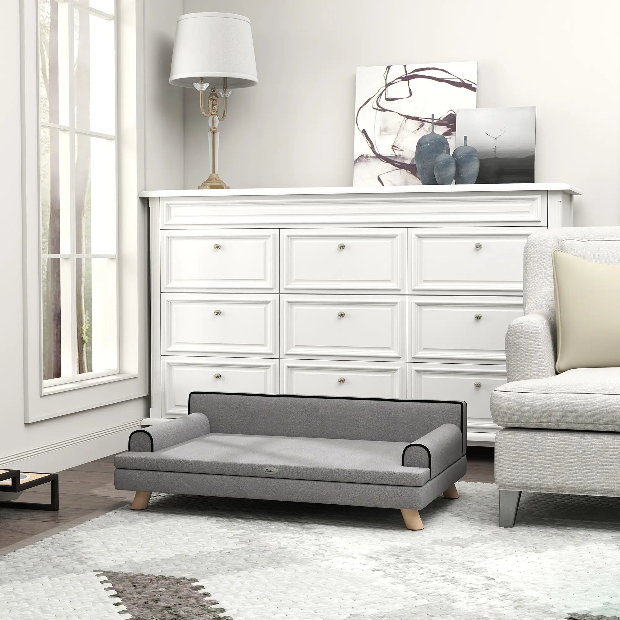 Elevated Dog Sofa Bed, Cat Couch with Cushion, Washable Cover, Wooden Legs, Medium & Large, Light Grey Dog Sofas at Gallery Canada